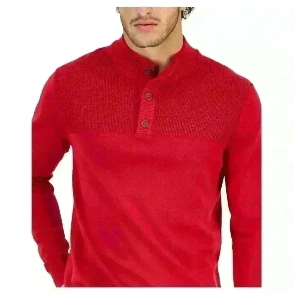 Club Room Mens Button Mock Neck Sweater Size L Anthem Red